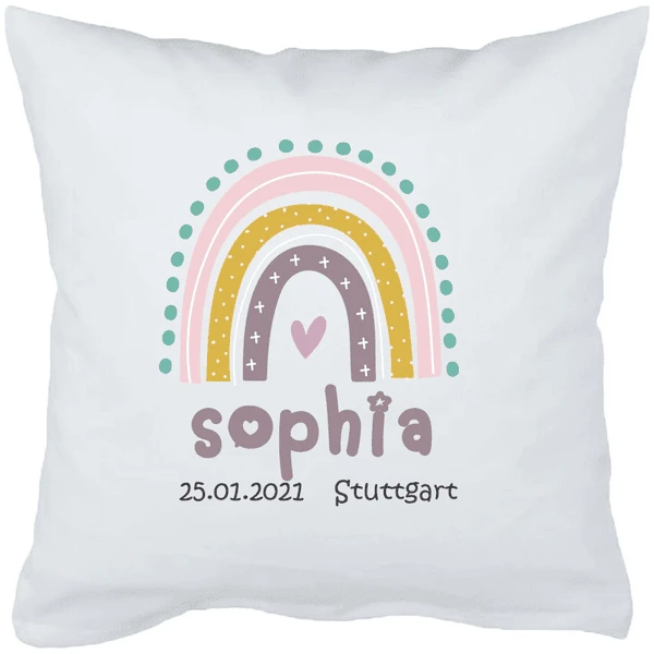 Schnullireich Babykissen Mit Namen Rainbow (20 Zeichen) Weiß